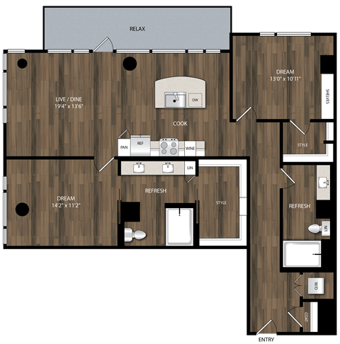 Floor plan for 2 beds, 2 baths, 1272 sqft